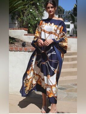 Beulah Designer Print Navy and White Caftan One size